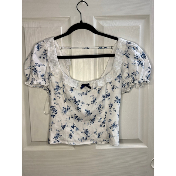 Reformation Alice Linen Blue Floral Puff Sleeve Top NWT Size S crop blouse - Picture 3 of 8